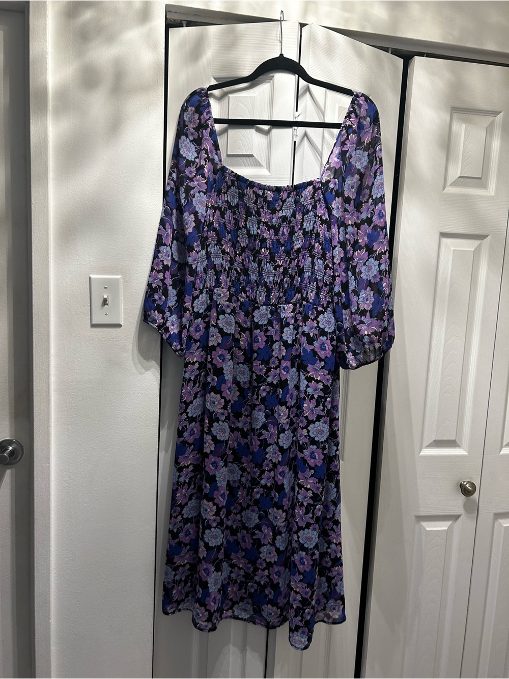 Addition Elle Purple Floral Smocked Square-Neck Midi Dress - Picture 4 of 4